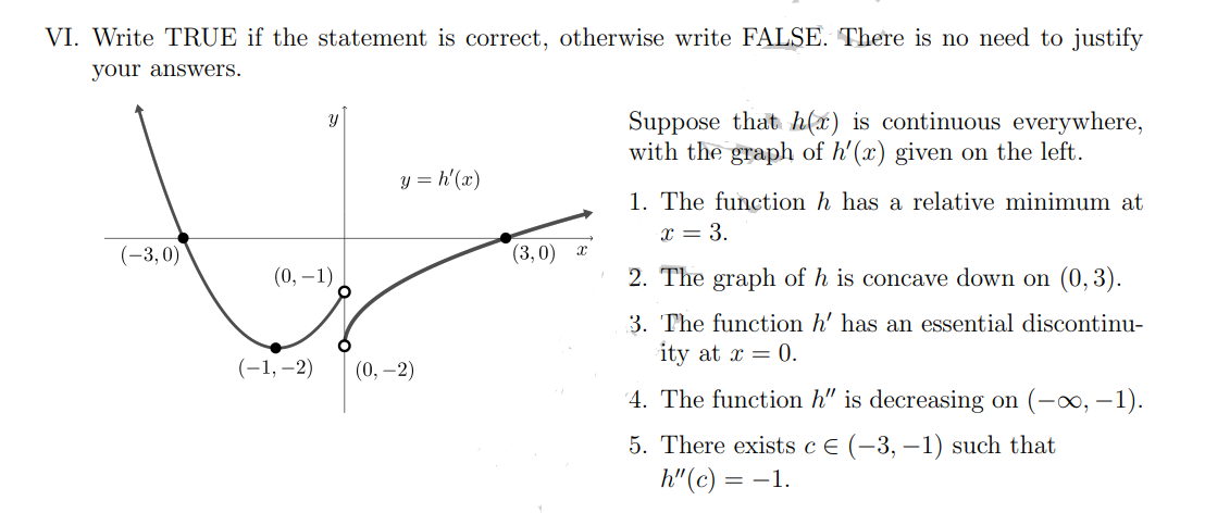 VI. Write TRUE if the statement is correct, otherwise write FALSE. There is no need to justify
your answers.
Y
Suppose that h(x) is continuous everywhere,
with the graph of h'(x) given on the left.
y = h'(x)
1. The function h has a relative minimum at
x = 3.
(-3,0)
2. The graph of h is concave down on (0,3).
3. The function h' has an essential discontinu-
ity at x = 0.
4. The function h" is decreasing on (-∞, -1).
5. There exists c € (-3,-1) such that
h" (c) = -1.
(0, -1)
(-1,-2)
(0, -2)
(3,0) x
