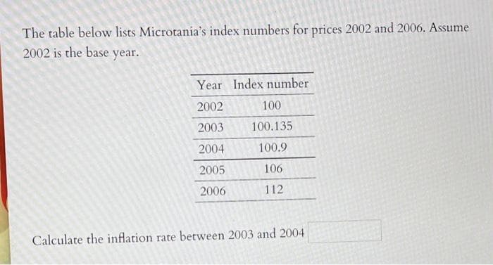 The table below lists Microtania's index numbers for prices 2002 and 2006. Assume
2002 is the base year.
Year Index number
2002
100
2003
100.135
2004
100.9
2005
106
2006
112
Calculate the inflation rate between 2003 and 2004

