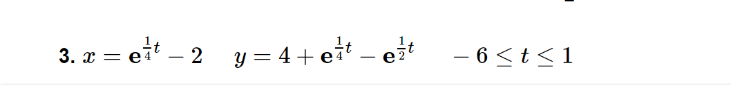 eit – 2
y = 4 + eit – et
- 6 <t<1
3. x
