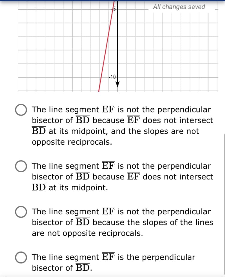 5-
All changes saved
-10-
The line segment EF is not the perpendicular
bisector of BD because EF does not intersect
BD at its midpoint, and the slopes are not
opposite reciprocals.
The line segment EF is not the perpendicular
bisector of BD because EF does not intersect
BD at its midpoint.
The line segment EF is not the perpendicular
bisector of BD because the slopes of the lines
are not opposite reciprocals.
O The line segment EF is the perpendicular
bisector of BD.
