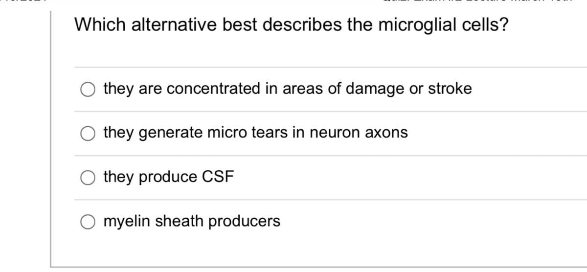 Which alternative best describes the microglial cells?
they are concentrated in areas of damage or stroke
they generate micro tears in neuron axons
they produce CSF
O myelin sheath producers
