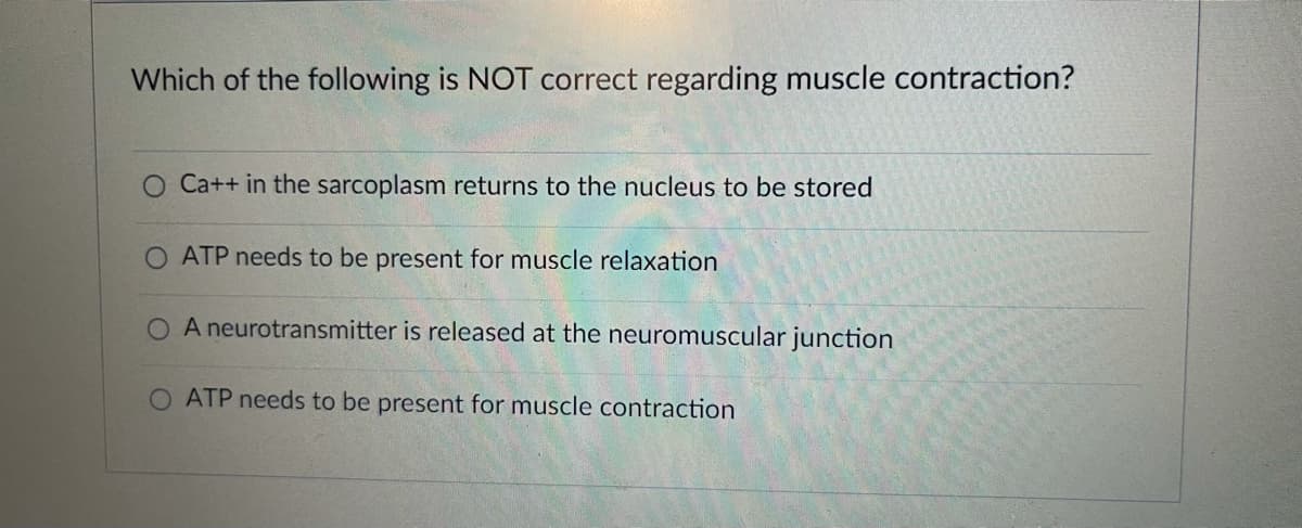Which of the following is NOT correct regarding muscle contraction?
O Ca++ in the sarcoplasm returns to the nucleus to be stored
ATP needs to be present for muscle relaxation
A neurotransmitter is released at the neuromuscular junction
ATP needs to be present for muscle contraction
