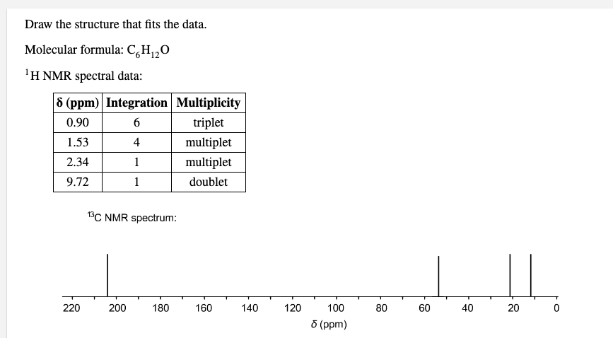 Draw the structure that fits the data.
Molecular formula: C,H½O
9.
12
'H NMR spectral data:
8 (ppm) Integration Multiplicity
0.90
6.
triplet
1.53
4
multiplet
2.34
1
multiplet
9.72
1
doublet
13C NMR spectrum:
220
200
180
160
140
120
100
80
60
40
20
O (ppm)
