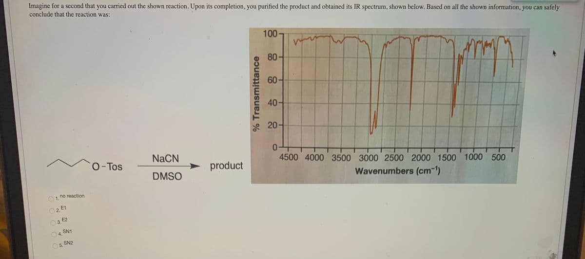 Imagine for a second that you carried out the shown reaction. Upon its completion, you purified the product and obtained its IR spectrum, shown below. Based on all the shown information, you can safely
conclude that the reaction was:
100
80-
60-
40
20-
0.
NaCN
O-Tos
4500 4000 3500 3000 2500 2000 1500 1000 500
product
DMSO
Wavenumbers (cm-1)
no reaction
1.
O2. E1
3.
4. SN1
5. SN2
O O O
% Transmittance
