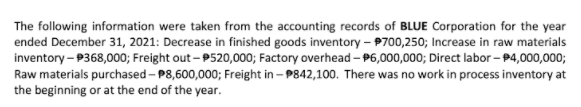 The following information were taken from the accounting records of BLUE Corporation for the year
ended December 31, 2021: Decrease in finished goods inventory – P700,250; Increase in raw materials
inventory – P368,000; Freight out - P520,000; Factory overhead - P6,000,000; Direct labor - P4,000,000;
Raw materials purchased - P8,600,000; Freight in - P842,100. There was no work in process inventory at
the beginning or at the end of the year.
