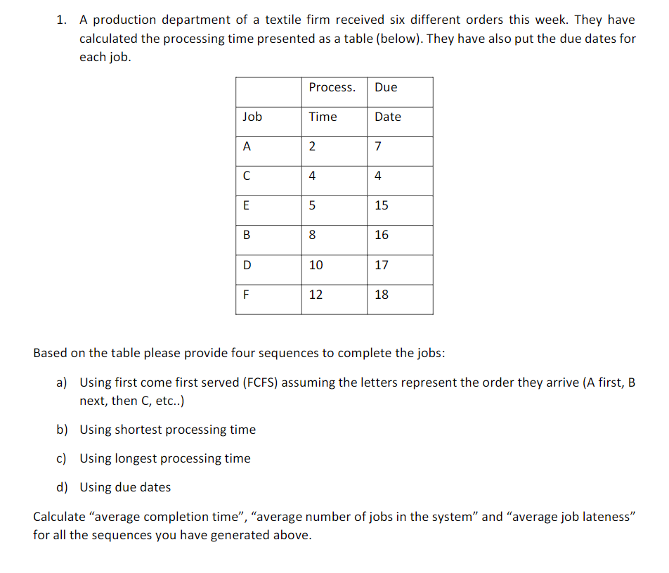1. A production department of a textile firm received six different orders this week. They have
calculated the processing time presented as a table (below). They have also put the due dates for
each job.
Job
A
с
E
B
D
F
Process.
Time
2
4
5
8
10
12
Due
Date
7
4
15
16
17
18
Based on the table please provide four sequences to complete the jobs:
a) Using first come first served (FCFS) assuming the letters represent the order they arrive (A first, B
next, then C, etc..)
b) Using shortest processing time
c) Using longest processing time
d) Using due dates
Calculate "average completion time", "average number of jobs in the system" and "average job lateness"
for all the sequences you have generated above.