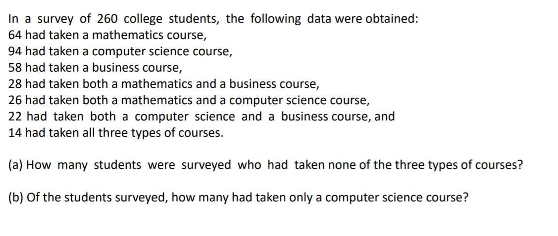 In a survey of 260 college students, the following data were obtained:
64 had taken a mathematics course,
94 had taken a computer science course,
58 had taken a business course,
28 had taken both a mathematics and a business course,
26 had taken both a mathematics and a computer science course,
22 had taken both a computer science and a business course, and
14 had taken all three types of courses.
(a) How many students were surveyed who had taken none of the three types of courses?
(b) Of the students surveyed, how many had taken only a computer science course?
