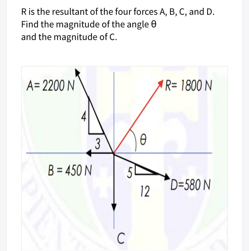 Ris the resultant of the four forces A, B, C, and D.
Find the magnitude of the angle 0
and the magnitude of C.
A= 2200 N
AR= 1800 N
3
B = 450 N
D=580 N
12
IE
