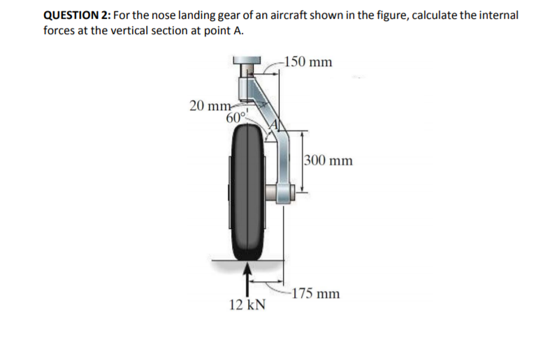 QUESTION 2: For the nose landing gear of an aircraft shown in the figure, calculate the internal
forces at the vertical section at point A.
-150 mm
20 mm
60°
300 mm
-175 mm
12 kN
