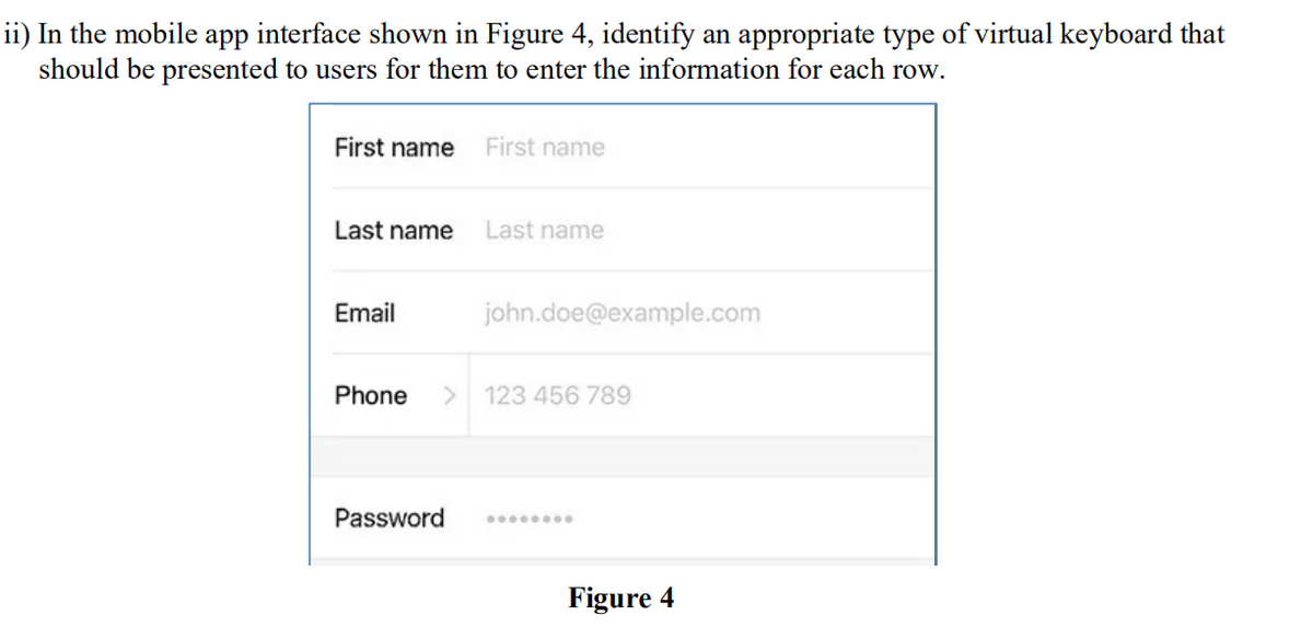 ii) In the mobile app interface shown in Figure 4, identify an appropriate type of virtual keyboard that
should be presented to users for them to enter the information for each row.
First name
Last name
Email
First name
Password
Last name
john.doe@example.com
Phone > 123 456 789
Figure 4