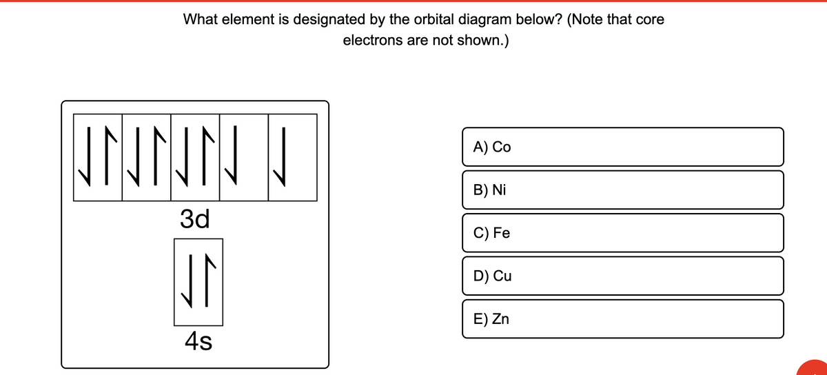 What element is designated by the orbital diagram below? (Note that core
electrons are not shown.)
UNUNUNJJ
3d
4s
A) Co
B) Ni
C) Fe
D) Cu
E) Zn