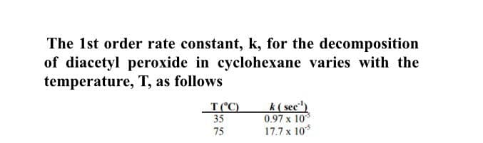 The 1st order rate constant, k, for the decomposition
of diacetyl peroxide in cyclohexane varies with the
temperature, T, as follows
T ("C)
35
k( sec)
0.97 x 10
17.7 x 10*
75
