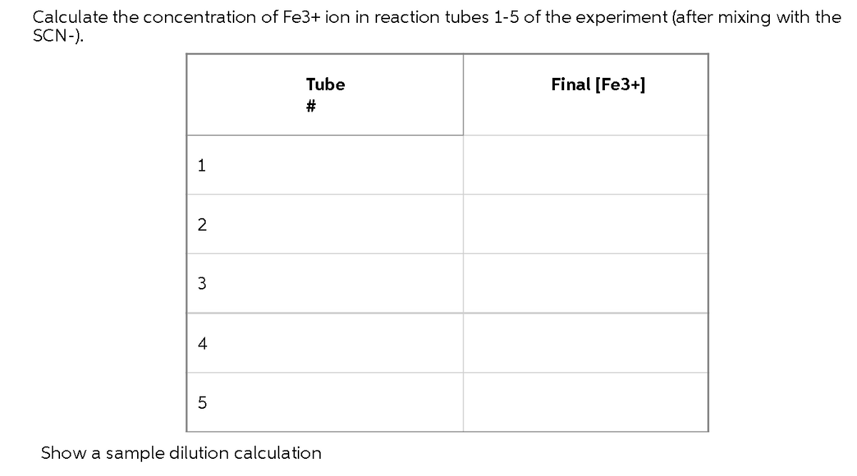 Calculate the concentration of Fe3+ ion in reaction tubes 1-5 of the experiment (after mixing with the
SCN-).
1
2
3
4
5
Tube
#
Show a sample dilution calculation
Final [Fe3+]