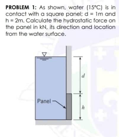 PROBLEM 1: As shown, water (15°C) is in
contact with a square panel; d = 1m and
h = 2m. Calculate the hydrostatic force on
the panel in kN, its direction and location
from the water surface.
Panel
d
h