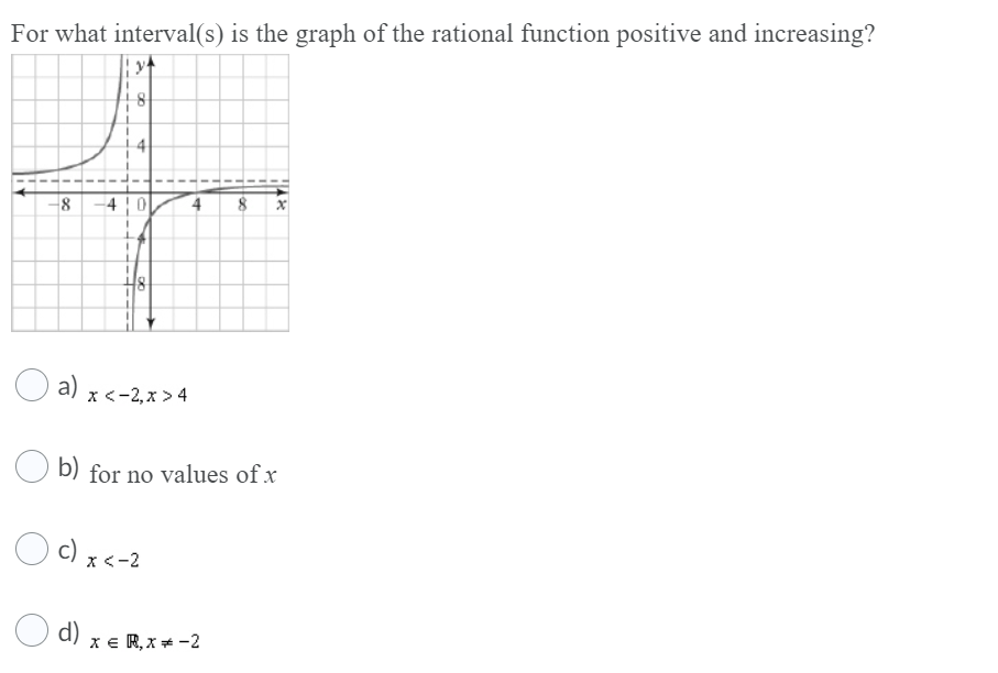 For what interval(s) is the graph of the rational function positive and increasing?
|y
-8 -4 |0
4
a) x <-2,x >4
for no values of x
c) x<-2
d) x e R, x + -2
%3D
14.
