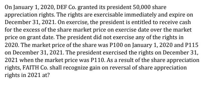 On January 1, 2020, DEF Co. granted its president 50,000 share
appreciation rights. The rights are exercisable immediately and expire on
December 31, 2021. On exercise, the president is entitled to receive cash
for the excess of the share market price on exercise date over the market
price on grant date. The president did not exercise any of the rights in
2020. The market price of the share was P100 on January 1, 2020 and P115
on December 31, 2021. The president exercised the rights on December 31,
2021 when the market price was P110. As a result of the share appreciation
rights, FAITH Co. shall recognize gain on reversal of share appreciation
rights in 2021 at?
