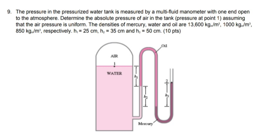 9. The pressure in the pressurized water tank is measured by a multi-fluid manometer with one end open
to the atmosphere. Determine the absolute pressure of air in the tank (pressure at point 1) assuming
that the air pressure is uniform. The densities of mercury, water and oil are 13,600 kg/m', 1000 kg,/m,
850 kg./m', respectively. h, = 25 cm, h, = 35 cm and h, = 50 cm. (10 pts)
Oil
AIR
WATER
Mercury
