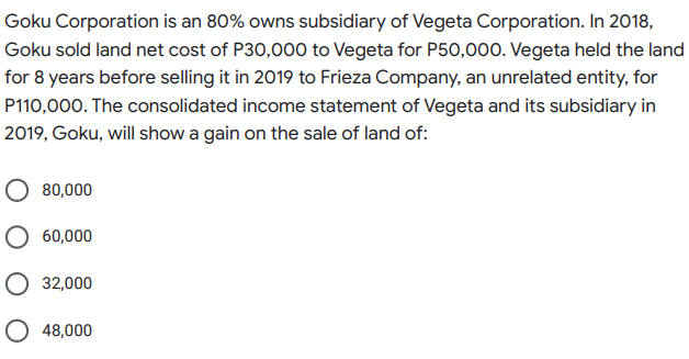 Goku Corporation is an 80% owns subsidiary of Vegeta Corporation. In 2018,
Goku sold land net cost of P30,000 to Vegeta for P50,000. Vegeta held the land
for 8 years before selling it in 2019 to Frieza Company, an unrelated entity, for
P110,000. The consolidated income statement of Vegeta and its subsidiary in
2019, Goku, will show a gain on the sale of land of:
80,000
60,000
32,000
48,000
