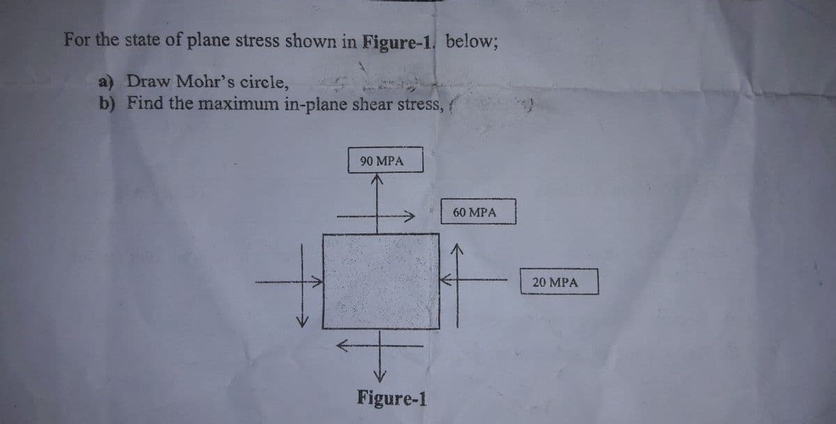 For the state of plane stress shown in Figure-1, below;
a) Draw Mohr's circle,
b) Find the maximum in-plane shear stress,
90 MPA
60 MPA
20 MPA
Figure-1
