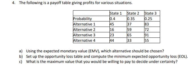 4. The following is a payoff table giving profits for various situations.
Probability
Alternative 1
Alternative 2
Alternative 3
Alternative 4
State 1
0.4
45
16
23
44
State 2
0.35
37
59
65
33
State 3
0.25
83
72
91
55
a) Using the expected monetary value (EMV), which alternative should be chosen?
b) Set up the opportunity loss table and compute the minimum expected opportunity loss (EOL).
c) What is the maximum value that you would be willing to pay to decide under certainty?