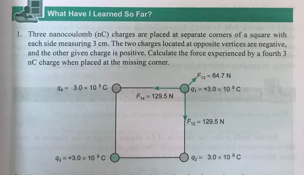 What Have Learned So Far?
boll
1. Three nanocoulomb (nC) charges are placed at separate corners of a square with
each side measuring 3 cm. The two charges located at opposite vertices are negative,
and the other given charge is positive. Calculate the force experienced by a fourth 3
nC charge when placed at the missing corner.
F13 64.7 N
%3D
94 = 3.0 x 10 ºC
91= +3.0 x 10 °C
%3D
%3D
F14 = 129.5 N
%3D
F12 129.5 N
%3D
a to 10
93 = +3.0 x 10 9 C
92 = 3.0 x 10 9C
%3D
%3D
