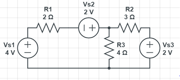 Vs2
R1
R2
2 V
3 0
Vs1
R3
+
Vs3
4 V
4Ω
2 V
