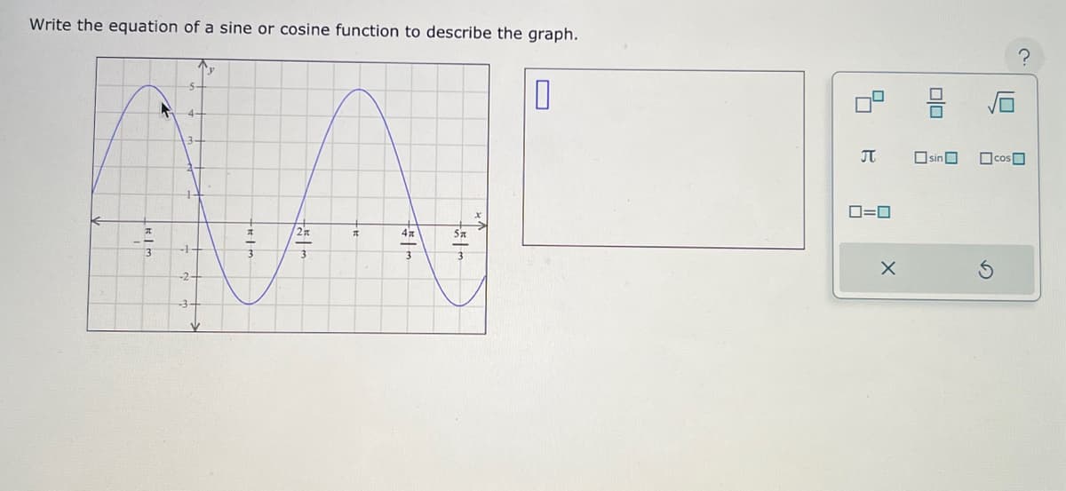 Write the equation of a sine or cosine function to describe the graph.
Tr
MA
2x
| نیا
TRIM
film
F#/m
4x
3
what
0
ㅁ
B
0=0
X
00
sin
cos