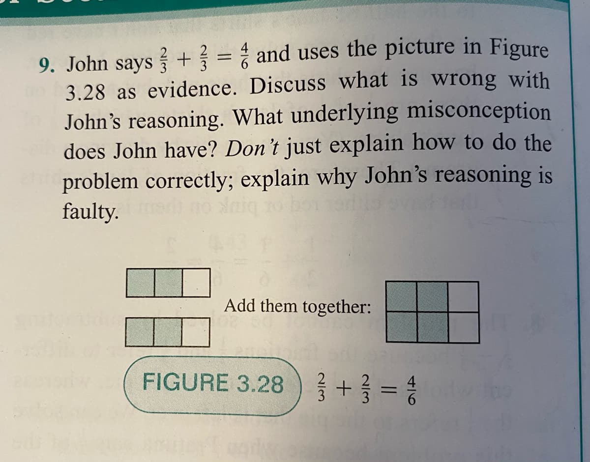 9. John says + = and uses the picture in Figure
3.28 as evidence. Discuss what is wrong with
John's reasoning. What underlying misconception
does John have? Don't just explain how to do the
problem correctly; explain why John's reasoning is
faulty.
bruk ou
Add them together:
FIGURE 3.28 ) + = %
