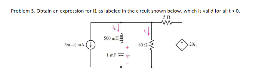 Problem 5. Obtain an expression for i1 as labeled in the circuit shown below, which is valid for all t > 0.
502
ww
5u(-1) mA (
500 mH
1 mF
80 Ω
2011