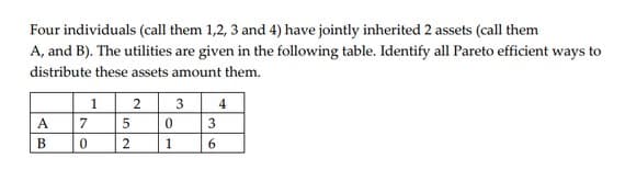 Four individuals (call them 1,2, 3 and 4) have jointly inherited 2 assets (call them
A, and B). The utilities are given in the following table. Identify all Pareto efficient ways to
distribute these assets amount them.
1
3
4
3
A
7
В
1
6.
