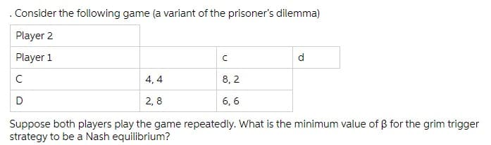 Consider the following game (a variant of the prisoner's dilemma)
Player 2
Player 1
d
4, 4
8, 2
D
2, 8
6, 6
Suppose both players play the game repeatedly. What is the minimum value of B for the grim trigger
strategy to be a Nash equilibrium?
