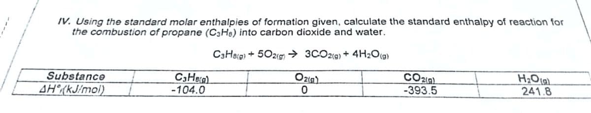 IV. Using the standard molar enthalpies of formation given, calculate the standard enthalpy of reaction for
the combustion of propane (C3H®) into carbon dioxide and water.
C3Herg) + 50z«g) → 3CO2(9) + 4H2O(g)
Substance
AH°(kJ/mol)
CO2(n)
-393.5
Oz{n).
-104.0
241.8
