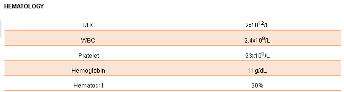 HEMATOLOGY
RBC
2x1012/L
WBC
2.4×10L
Platelet
93×10°L
Hemoglobin
11 g/dL
Hematocrit
30%
