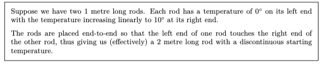 Suppose we have two 1 metre long rods. Each rod has a temperature of 0° on its left end
with the temperature increasing linearly to 10° at its right end.
The rods are placed end-to-end so that the left end of one rod touches the right end of
the other rod, thus giving us (effectively) a 2 metre long rod with a discontinuous starting
temperature.
