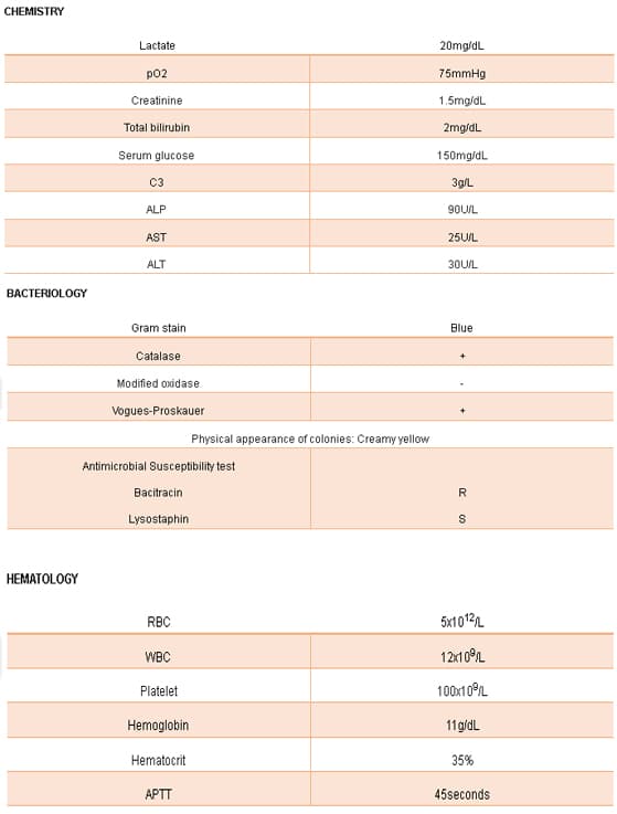 CHEMISTRY
Lactate
20mg/dL
p02
75mmHg
Creatinine
1.5mg/dL
Total bilirubin
2mg/dL
Serum glucose
150mg/dL
C3
3g/L
ALP
90UIL
AST
25U/L
ALT
30U/L
BACTERIOLOGY
Gram stain
Blue
Catalase
Modified oxidase
Vogues-Proskauer
Physical appearance of colonies: Creamy yellow
Antimicrobial Susceptibility test
Bacitracin
R
Lysostaphin
НЕМАТOLOGY
RBC
5×1012L
WBC
12x1 0°L
Platelet
100×10°L
Hemoglobin
11g/dL
Hematocrit
35%
APTT
45seconds
