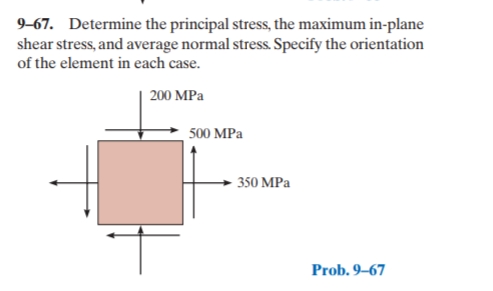 9-67. Determine the principal stress, the maximum in-plane
shear stress, and average normal stress. Specify the orientation
of the element in each case.
200 MPa
500 MPa
350 MPa
Prob. 9–67
