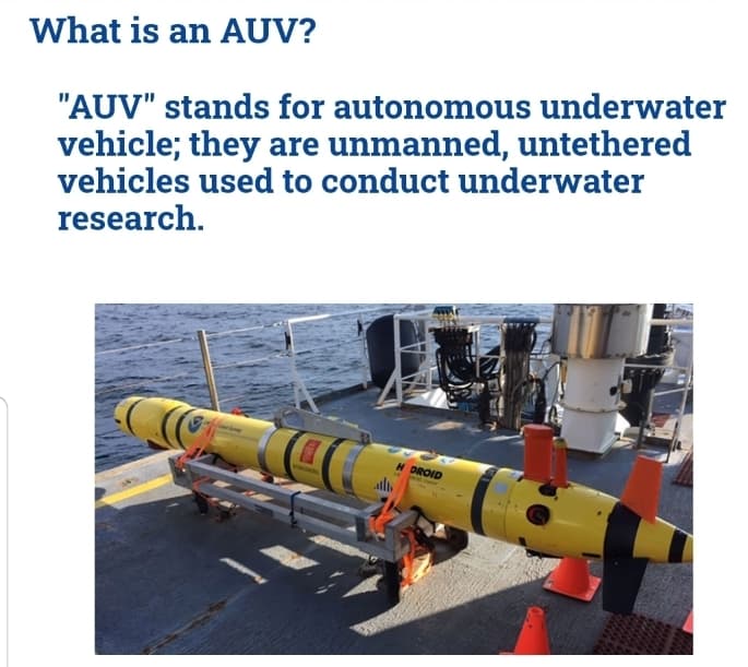What is an AUV?
"AUV" stands for autonomous underwater
vehicle; they are unmanned, untethered
vehicles used to conduct underwater
research.
H DROID

