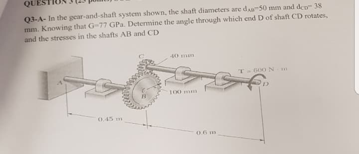 QUES
Q3-A- In the gear-and-shaft system shown, the shaft diameters are dAB=50 mm and dep= 38
mm. Knowing that G=77 GPa. Determine the angle through which end D of shaft CD rotates,
and the stresses in the shafts AB and CD
40 mm
T= 600 N- m
100 mm
0.45 m
0.6 m
