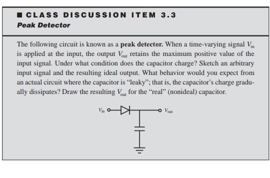 I CLASS DISCUSSION ITEM 3.3
Peak Detector
The following circuit is known as a peak detector. When a time-varying signal Vịn
is applied at the input, the output Vou retains the maximum positive value of the
input signal. Under what condition does the capacitor charge? Sketch an arbitrary
input signal and the resulting ideal output. What behavior would you expect from
an actual circuit where the capacitor is "leaky"; that is, the capacitor's charge gradu-
ally dissipates? Draw the resulting Vom for the “real" (nonideal) capacitor.
out
Vout
I.
