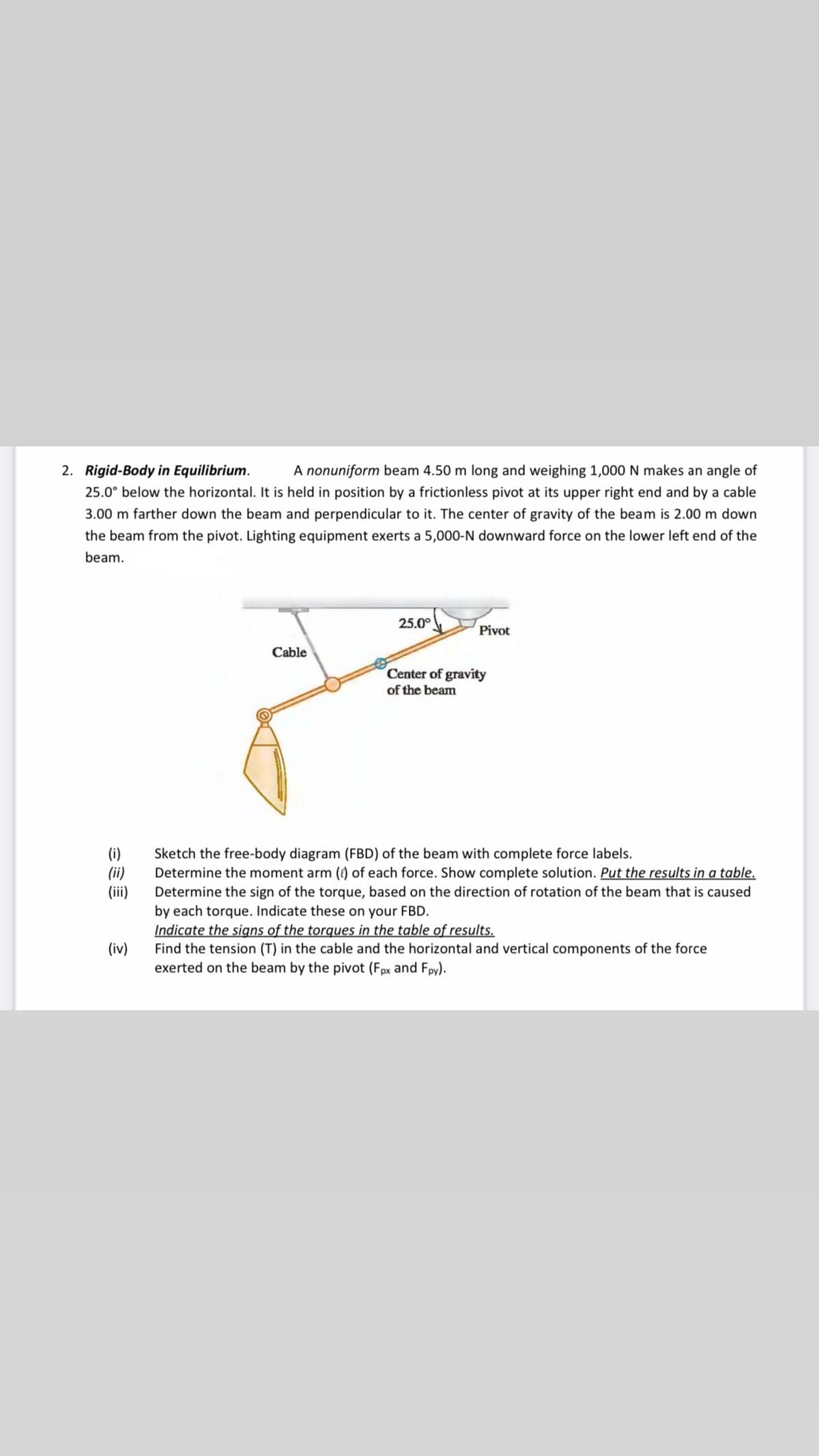 2. Rigid-Body in Equilibrium.
A nonuniform beam 4.50 m long and weighing 1,000 N makes an angle of
25.0° below the horizontal. It is held in position by a frictionless pivot at its upper right end and by a cable
3.00 m farther down the beam and perpendicular to it. The center of gravity of the beam is 2.00 m down
the beam from the pivot. Lighting equipment exerts a 5,000-N downward force on the lower left end of the
beam.
25.0°
Pivot
Cable
Center of gravity
of the beam
(i)
(ii)
(ii)
Sketch the free-body diagram (FBD) of the beam with complete force labels.
Determine the moment arm () of each force. Show complete solution. Put the results in a table.
Determine the sign of the torque, based on the direction of rotation of the beam that is caused
by each torque. Indicate these on your FBD.
Indicate the signs of the torques in the table of results.
Find the tension (T) in the cable and the horizontal and vertical components of the force
exerted on the beam by the pivot (Fpx and Fpy).
(iv)
