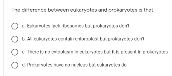 The difference between eukaryotes and prokaryotes is that
a. Eukaryotes lack ribosomes but prokaryotes don't
b. All eukaryotes contain chloroplast but prokaryotes don't
O c. There is no cytoplasm in eukaryotes but it is present in prokaryotes
d. Prokaryotes have no nucleus but eukaryotes do
