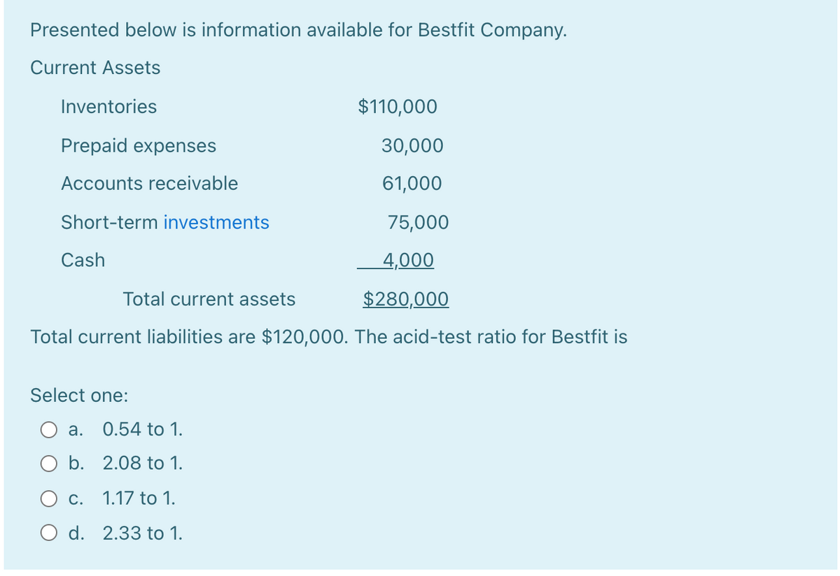 Presented below is information available for Bestfit Company.
Current Assets
Inventories
$110,000
Prepaid expenses
30,000
Accounts receivable
61,000
Short-term investments
75,000
Cash
4,000
Total current assets
$280,000
Total current liabilities are $120,000. The acid-test ratio for Bestfit is
Select one:
a. 0.54 to 1.
O b. 2.08 to 1.
O c.
1.17 to 1.
O d. 2.33 to 1.
