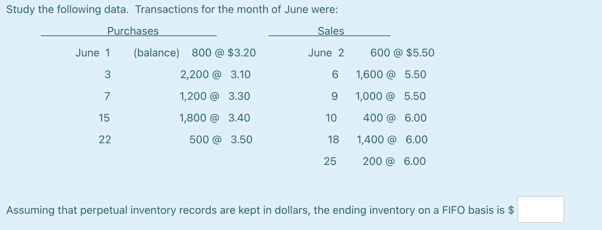 Study the following data. Transactions for the month of June were:
Purchases
Sales
June 1
(balance) 800 @ $3.20
June 2
600 @ $5.50
3
2,200 @ 3.10
1,600 @ 5.50
7
1,200 @ 3.30
1,000 @ 5.50
15
1,800 @ 3.40
10
400 @ 6.00
22
500 @ 3.50
18
1,400 @ 6.00
25
200 @ 6.00
Assuming that perpetual inventory records are kept in dollars, the ending inventory on a FIFO basis is $
