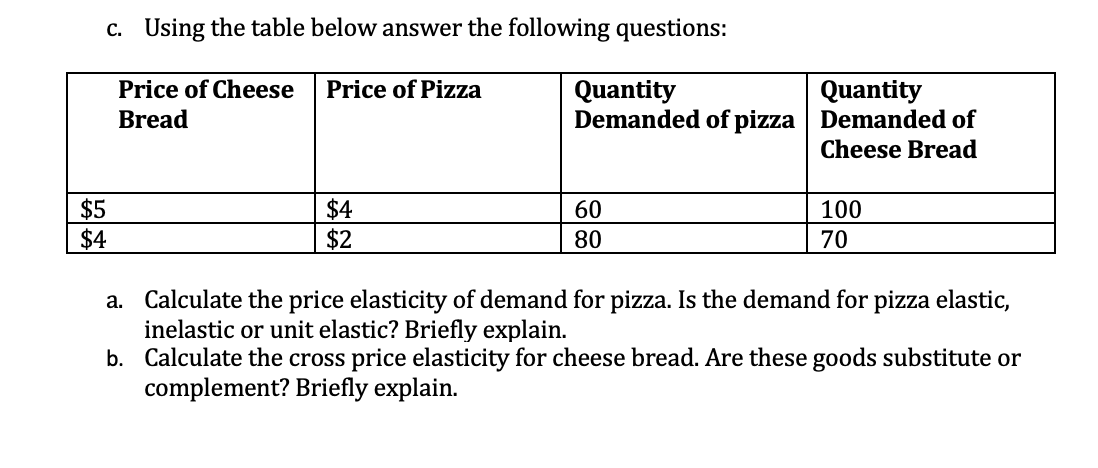 c. Using the table below answer the following questions:
Price of Cheese
Price of Pizza
Quantity
Demanded of pizza Demanded of
Quantity
Bread
Cheese Bread
$5
$4
$4
$2
60
100
80
70
a. Calculate the price elasticity of demand for pizza. Is the demand for pizza elastic,
inelastic or unit elastic? Briefly explain.
b. Calculate the cross price elasticity for cheese bread. Are these goods substitute or
complement? Briefly explain.
