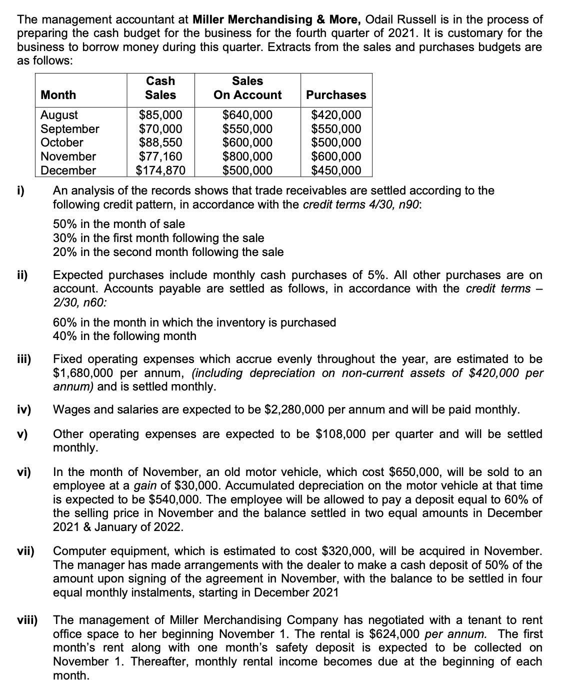 The management accountant at Miller Merchandising & More, Odail Russell is in the process of
preparing the cash budget for the business for the fourth quarter of 2021. It is customary for the
business to borrow money during this quarter. Extracts from the sales and purchases budgets are
as follows:
Cash
Sales
Month
Sales
On Account
Purchases
August
September
October
$85,000
$70,000
$88,550
$77,160
$174,870
$640,000
$550,000
$600,000
$800,000
$500,000
$420,000
$550,000
$500,000
$600,000
$450,000
November
December
An analysis of the records shows that trade receivables are settled according to the
following credit pattern, in accordance with the credit terms 4/30, n90:
i)
50% in the month of sale
30% in the first month following the sale
20% in the second month following the sale
ii)
Expected purchases include monthly cash purchases of 5%. All other purchases are on
account. Accounts payable are settled as follows, in accordance with the credit terms -
2/30, n60:
60% in the month in which the inventory is purchased
40% in the following month
ii)
Fixed operating expenses which accrue evenly throughout the year, are estimated to be
$1,680,000 per annum, (including depreciation on non-current assets of $420,000 per
annum) and is settled monthly.
iv)
Wages and salaries are expected to be $2,280,000 per annum and will be paid monthly.
Other operating expenses are expected to be $108,000 per quarter and will be settled
monthly.
v)
In the month of November, an old motor vehicle, which cost $650,000, will be sold to an
employee at a gain of $30,000. Accumulated depreciation on the motor vehicle at that time
is expected to be $540,000. The employee will be allowed to pay a deposit equal to 60% of
the selling price in November and the balance settled in two equal amounts in December
2021 & January of 2022.
vi)
Computer equipment, which is estimated to cost $320,000, will be acquired in November.
The manager has made arrangements with the dealer to make a cash deposit of 50% of the
amount upon signing of the agreement in November, with the balance to be settled in four
equal monthly instalments, starting in December 2021
vii)
viii)
The management of Miller Merchandising Company has negotiated with a tenant to rent
office space to her beginning November 1. The rental is $624,000 per annum. The first
month's rent along with one month's safety deposit is expected to be collected on
November 1. Thereafter, monthly rental income becomes due at the beginning of each
month.
