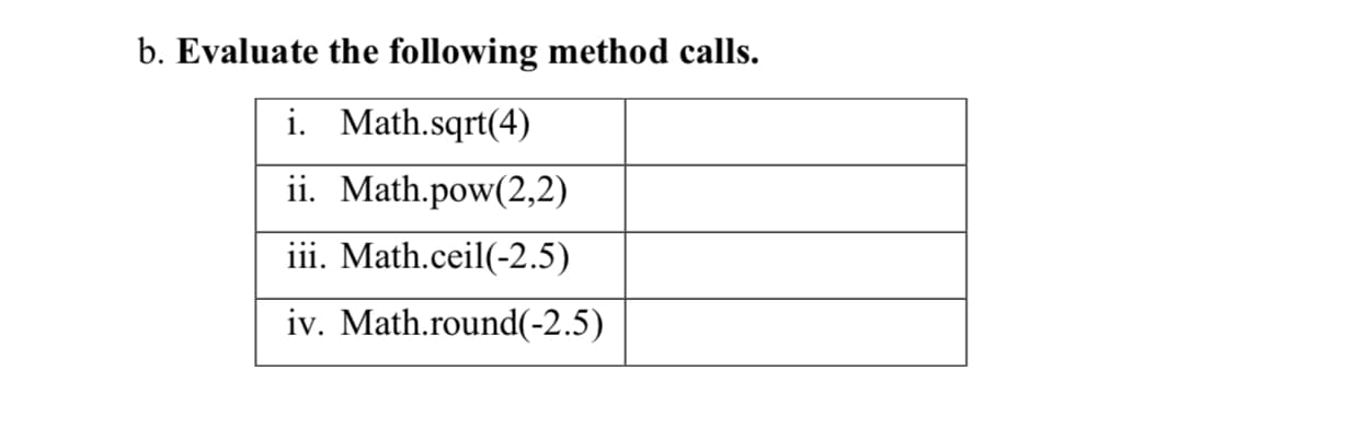 b. Evaluate the following method calls.
i. Math.sqrt(4)
ii. Math.pow(2,2)
iii. Math.ceil(-2.5)
iv. Math.round(-2.5)
