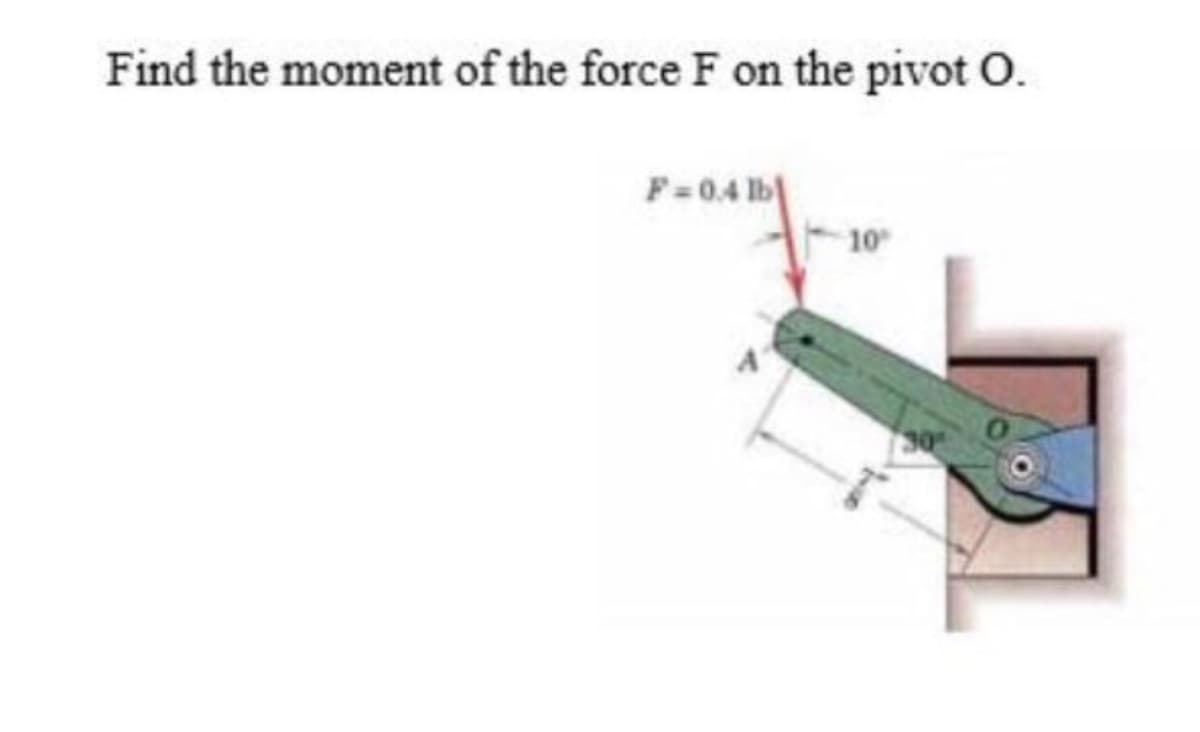 Find the moment of the force F on the pivot O.
F=0.4 lb|
10
30

