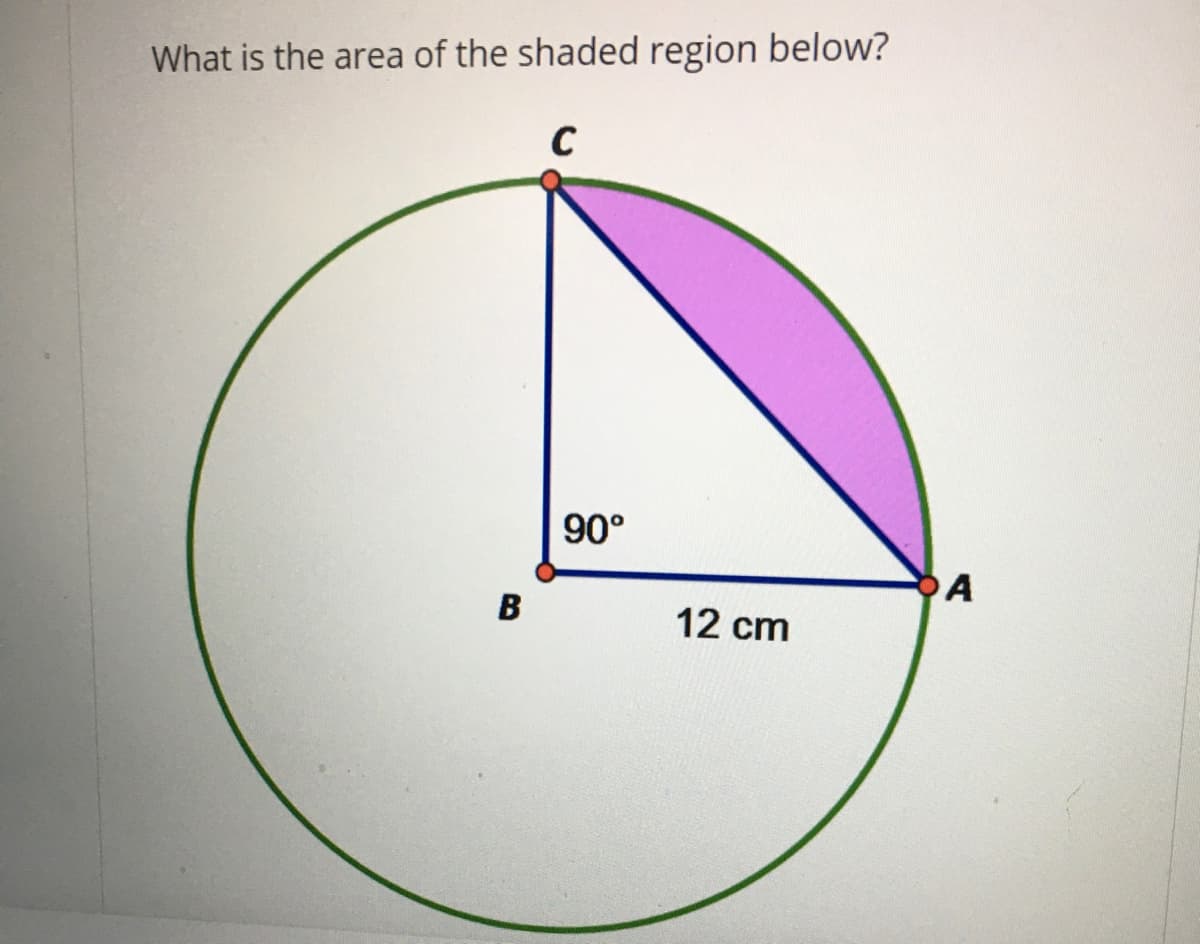 What is the area of the shaded region below?
C
90°
A
B
12 cm
