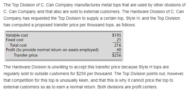 The Top Division of C. Can Company manufactures metal tops that are used by other divisions of
C. Can Company and that also are sold to external customers. The Hardware Division of C. Can
Company has requested the Top Division to supply a certain top, Style H, and the Top Division
has computed a proposed transfer price per thousand tops, as follows:
Variable cost
Fixed cost
$195
21
Total cost
216
Profit (to provide normal return on assets employed)
Transfer price
40
$256
The Hardware Division is unwilling to accept this transfer price because Style H tops are
regularly sold to outside customers for $239 per thousand. The Top Division points out, however,
that competition for this top is unusually keen, and that this is why it cannot price the top to
external customers so as to earn a normal return. Both divisions are profit centers.

