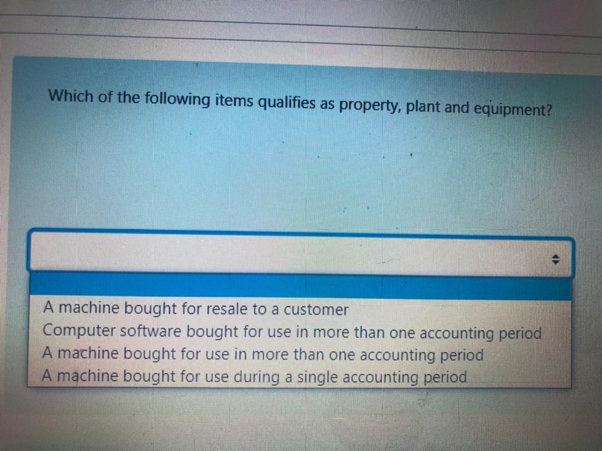 Which of the following items qualifies as property, plant and equipment?
A machine bought for resale to a customer
Computer software bought for use in more than one accounting period
A machine bought for use in more than one accounting period
A machine bought for use during a single accounting period
